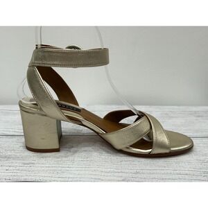 Margaux Lena Sandals Womens 6.5 Gold Leather Block Heel Strappy Buckle Evening